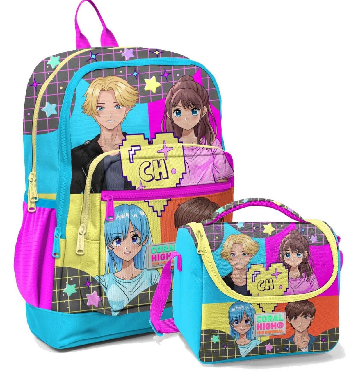 Yaygan Çanta Kids Anime Su Geçirmez 4 Gözlü Mavi-Pembe İlkokul Kız Çocuk Sırt Çantası + Beslenme Çantası