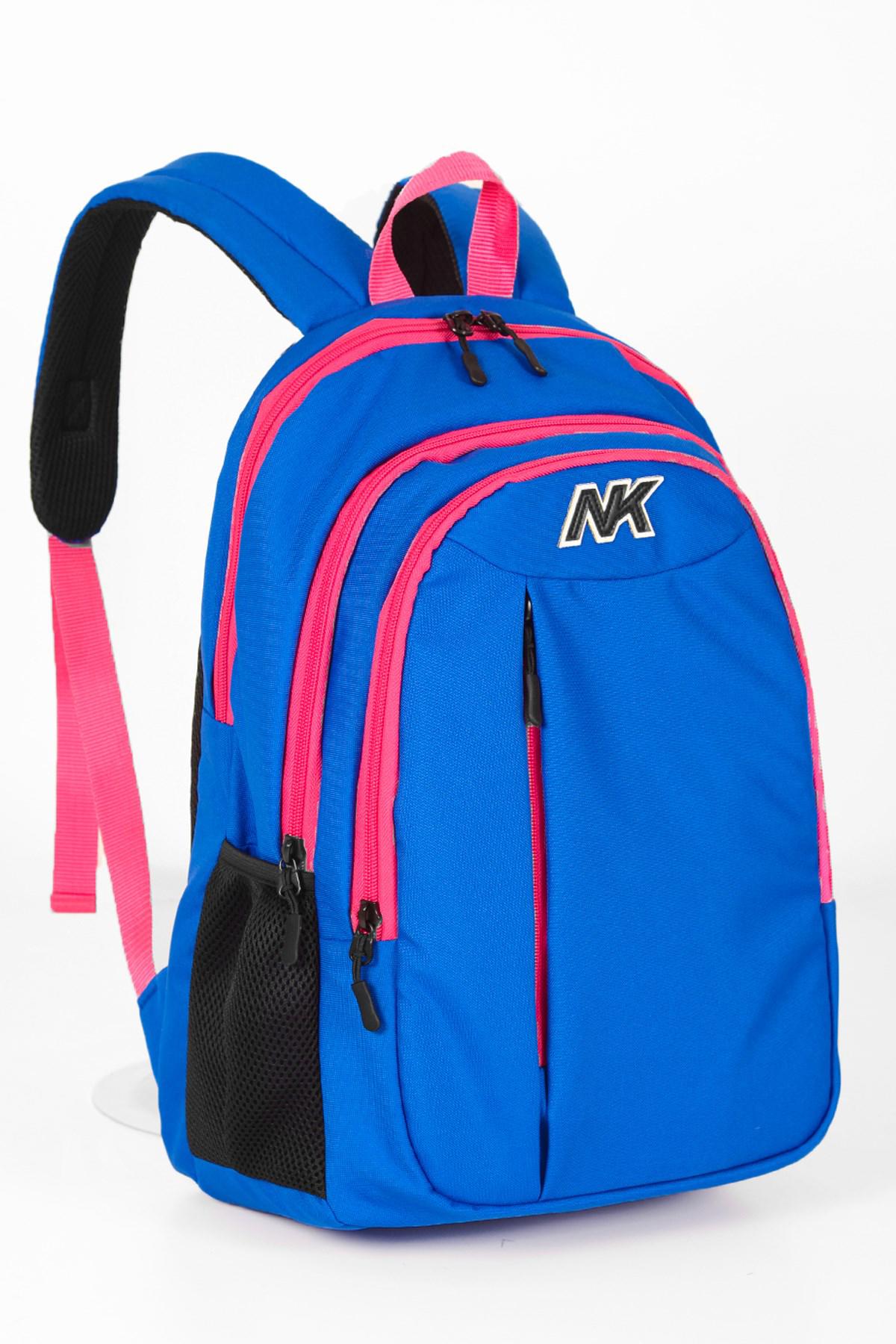NK 9002 Su Geçirmez 4 Gözlü Mavi-Pembe Lise-Üniversite Unisex Sırt Çantası