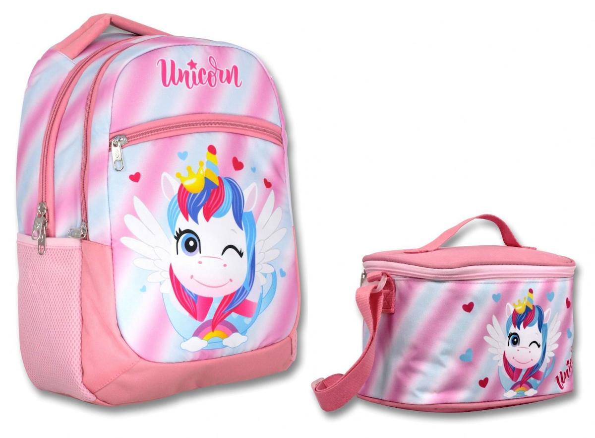 Ümit Çanta 3195 Unicorn Hayvan 5 Gözlü Açık Pembe İlkokul Kız Çocuk Sırt Çantası + Beslenme Çantası