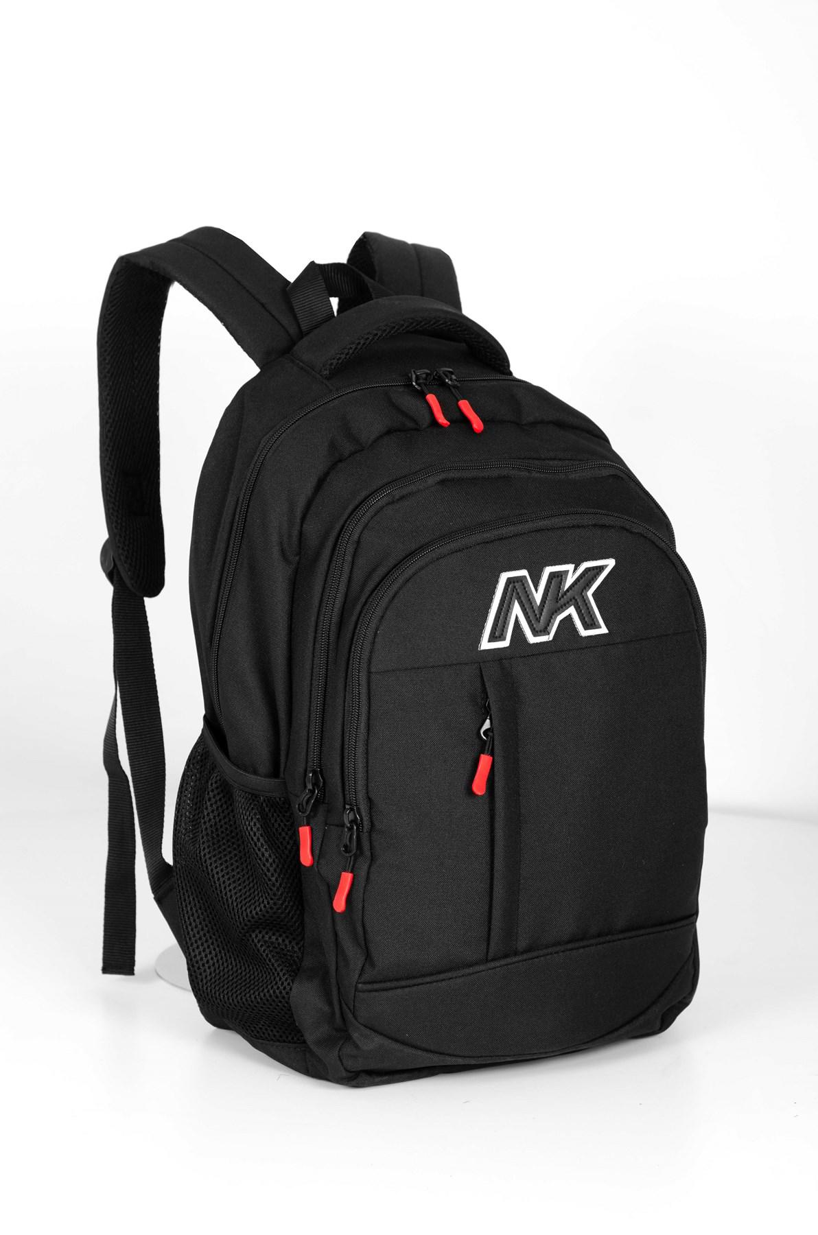 NK 9001 Su Geçirmez 4 Gözlü Siyah Lise-Üniversite Unisex Sırt Çantası