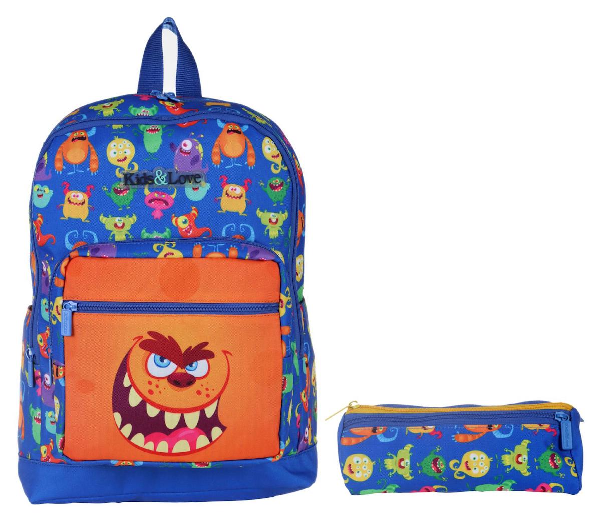Kaukko Kids&Love Sevimli Canavarlar 4 Gözlü Mavi İlkokul Erkek Çocuk Sırt Çantası + Kalemlik