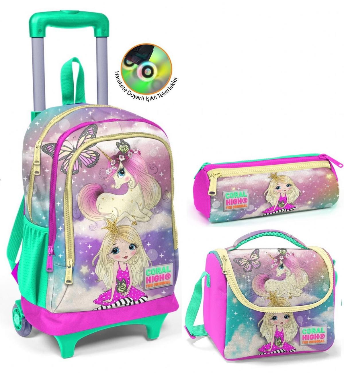 Yaygan Çanta Kids Unicorn Hayvan Tekerlekli Su Geçirmez 3 Gözlü Su Yeşili İlkokul Kız Çocuk Çekçekli Çanta Seti