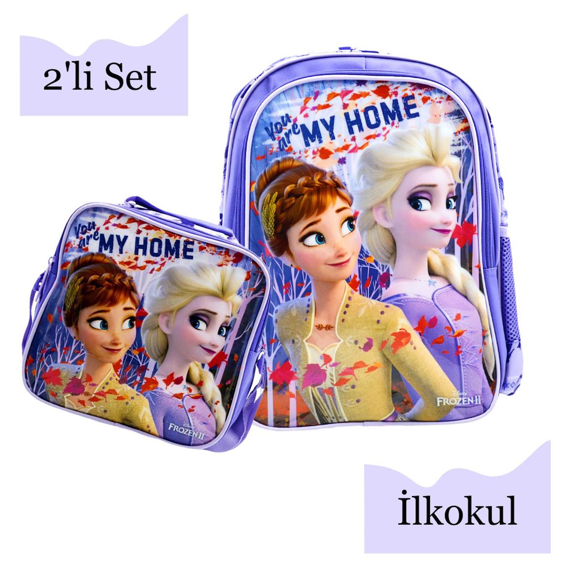 Frocx Frozen Su Geçirmez 2 Gözlü Mor İlkokul Kız Çocuk Sırt Çantası + Beslenme Çantası