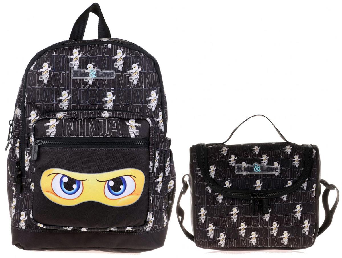 Kaukko Kids&Love Ninja 4 Gözlü Siyah İlkokul Erkek Çocuk Sırt Çantası + Beslenme Çantası