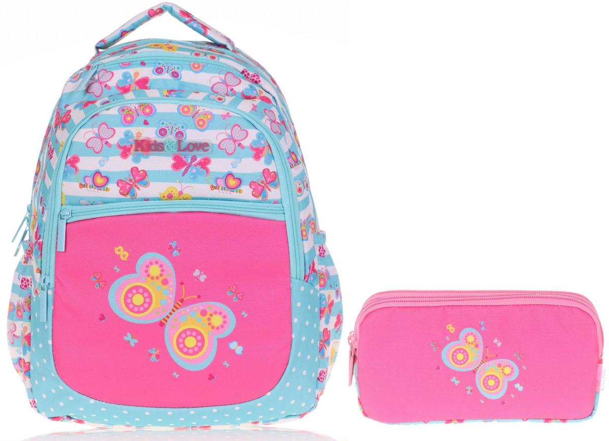 Kaukko Kids&Love Kelebek Hayvan 4 Gözlü Pembe-Turkuaz İlkokul Kız Çocuk Sırt Çantası + Kalemlik