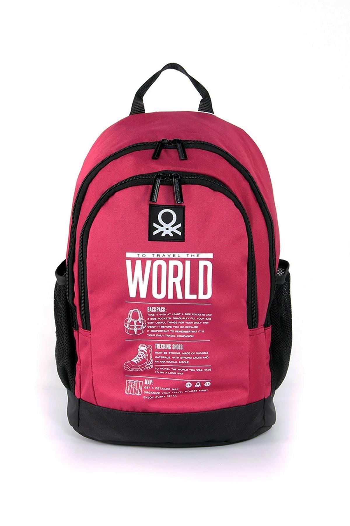 United Colors Of Benetton 03834 Yazılı 4 Gözlü Bordo Lise-Üniversite Unisex Sırt Çantası