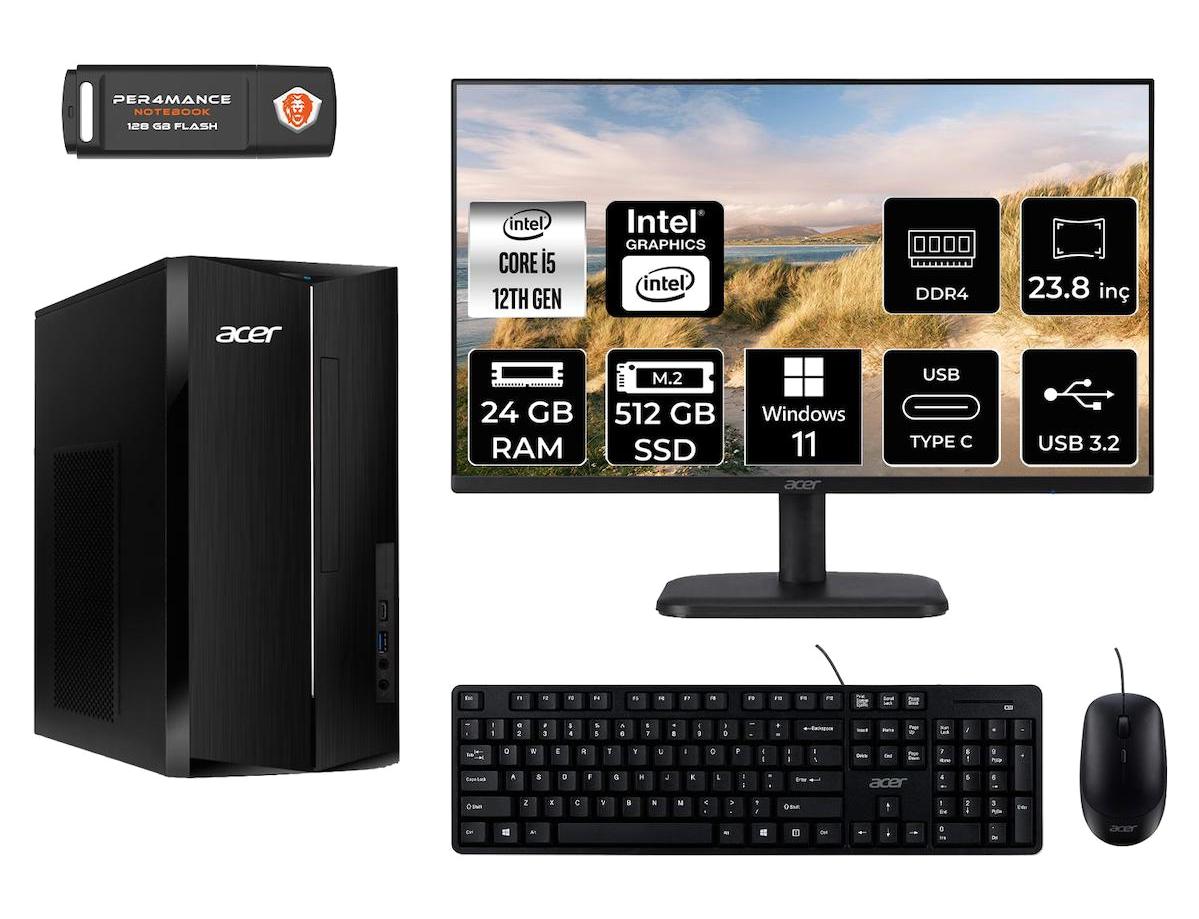 Acer Aspire TC1760 DT.BHUEM.005 Dahili Intel UHD Graphics Intel Core i5 12400 24 GB Ram 512 GB SSD Tower Windows 11 Home 23.8 inç Monitörlü Masaüstü Bilgisayar