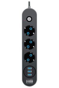 Keyfi Sepet Kyf-Priz 3'lü Soket 2 metre 3'lü USB Kablolu Çiftli Akım Korumalı Priz