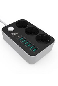 Paleon Pl-6Usb 3'lü Soket 2 metre 6'lı USB Kablolu Çiftli Akım Korumalı Priz