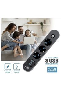 Enshall Est-2500 3'lü Soket 2 metre 3'lü USB Kablolu Çiftli Akım Korumalı Priz