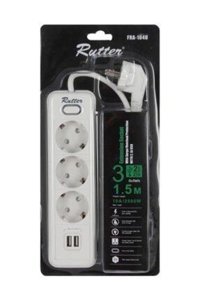Rutter 75383413 3'lü Soket 1.5 metre 2'li USB Kablolu Çiftli Akım Korumalı Priz