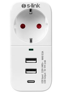 S-Link Sl-011 Tekli Soket 2'li USB Kablosuz Tekli 750 J Akım Korumalı Priz