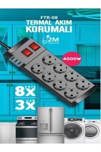 Smayli̇ng Termal Akım Korumalı 8'li Soket 2 metre Kablolu Çiftli Akım Korumalı Priz