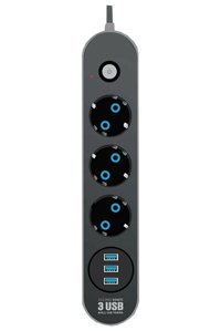 Piranha 3395 3'lü Soket 2 metre 3'lü USB Kablolu Çiftli Akım Korumalı Priz