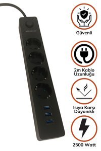 Buffer Kalın Topraklı Anahtarlı Akım Korumalı 4'lü 2 m USB Uzatma Kablolu Priz Beyaz