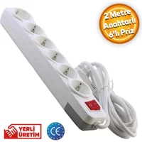 Grup Priz 3500 W Kalın Topraklı Anahtarlı 6'lı 2 m Uzatma Kablolu Priz Beyaz