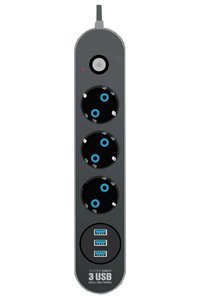 Deco Elit Kalın Topraklı Anahtarlı Akım Korumalı 3'lü 2 m USB Uzatma Kablolu Priz Siyah