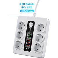 T G 3000 W İnce Topraklı Anahtarlı Akım Korumalı 6'lı 2 m USB Uzatma Kablolu Priz Beyaz
