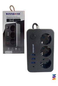WINNBOSS 2500 W İnce Topraklı Anahtarlı Akım Korumalı 3'lü 2 m USB Uzatma Kablolu Priz Siyah