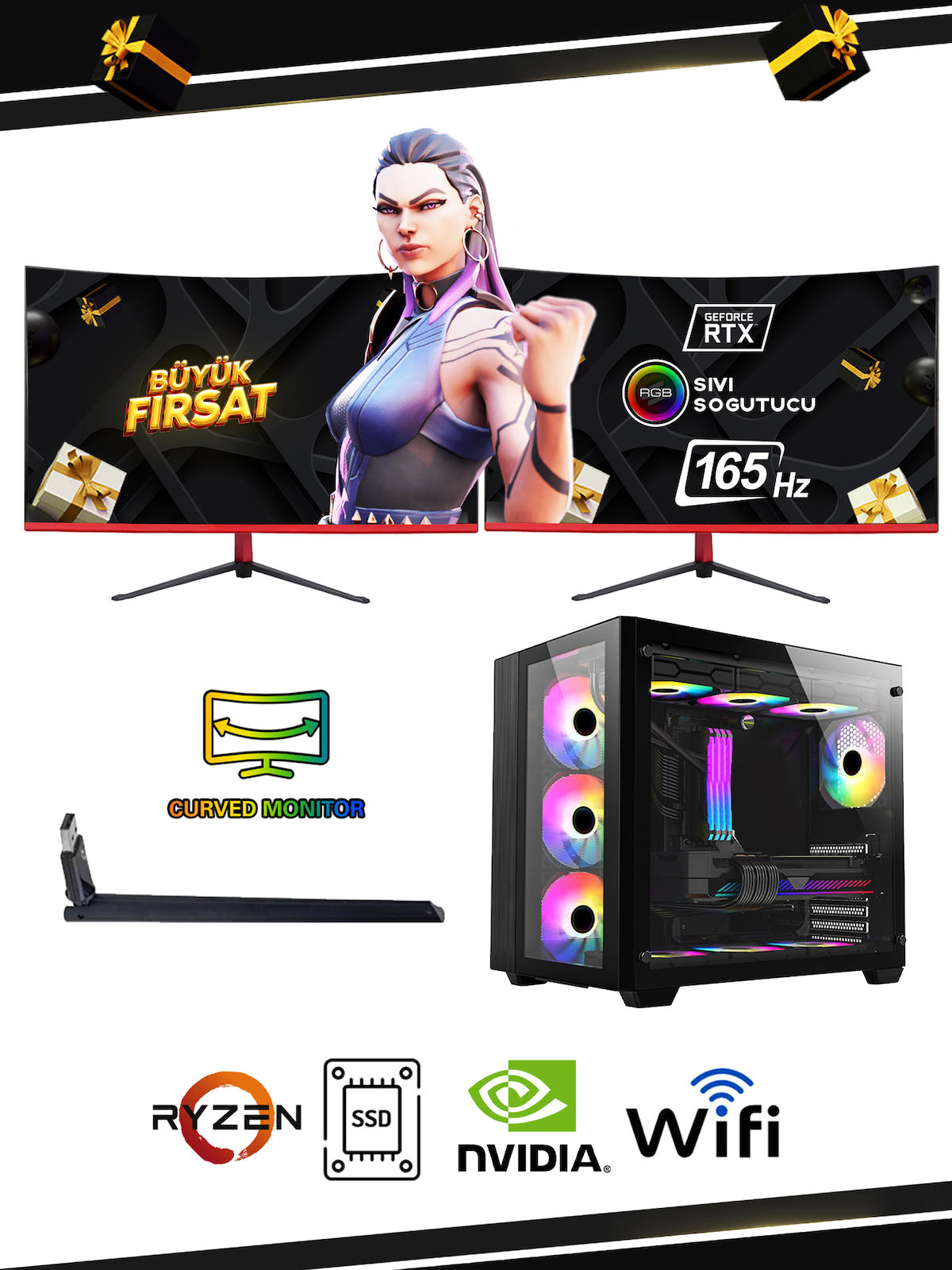 Ramtech FF PRİME R550 Harici GeForce RTX 4060 AMD Ryzen 5 5500 32 GB Ram 1 TB SSD Tower FreeDos 23.6 inç Monitörlü Masaüstü Bilgisayar