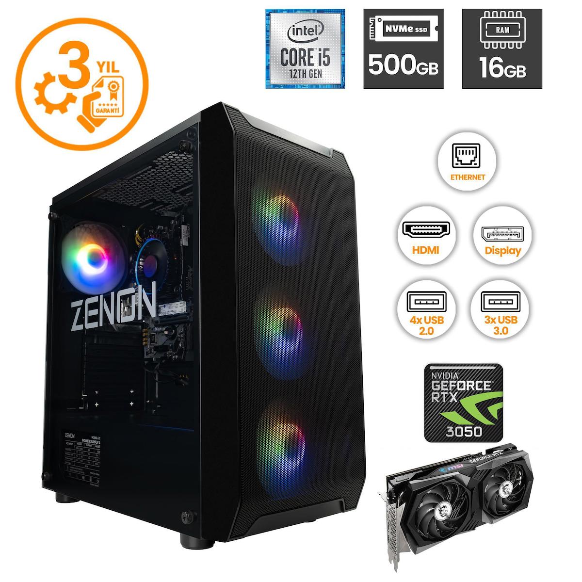 Zenon ZENON RAKS TR101 Harici GeForce RTX 3050 Intel Core i5 12400F 16 GB Ram 500 GB SSD Tower FreeDos Masaüstü Bilgisayar