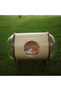 Ahşap Center Panoromik Camlı Silindir Dış Mekan-İç Mekan Kedi Evi Ahşap Rengi