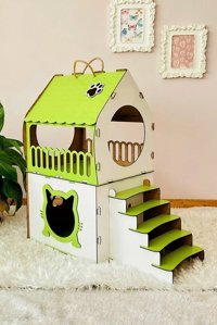 Mabel Dikdörtgen 2 Katlı İç Mekan Kedi Evi Beyaz-Yeşil
