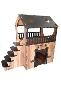 Windly Ahşap Atölyesi Kare 2 Katlı Su Geçirmez İç Mekan Kedi Evi Ahşap Rengi