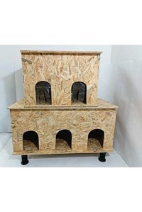 Kumsshop Beşli Dikdörtgen 2 Katlı Su Geçirmez Dış Mekan-İç Mekan Kedi Evi Ahşap Rengi
