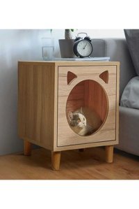 Bkm Mobilya Kare İç Mekan Kedi Evi Ahşap Rengi