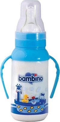Bambino Kiraz Uçlu Cam Yenidoğan Yavaş Akışlı Kulplu 0+ Ay Desenli Mavi Damaklı Biberon Seti 125 ml