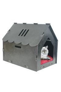 Starlightning Çatılı Çizgili Kare İç Mekan Kedi Evi Gri