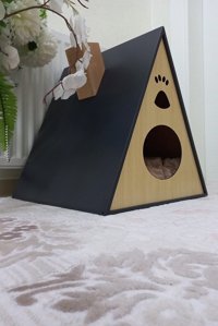 Ruhe Üçgen İç Mekan Kedi Evi Ahşap Rengi-Gri