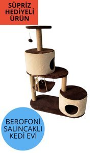 Petshopbero Salıncaklı Yuvarlak 2 Katlı İç Mekan Kedi Evi Bej-Kahverengi