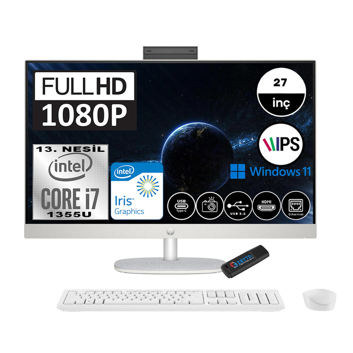 Hp 898B1EAP06 Dahili Iris Xe Graphics Intel Core i7 1355U 32 GB Ram 2 TB SSD 27 inç Full HD Freedos All In One Bilgisayar + Zetta Flash Bellek