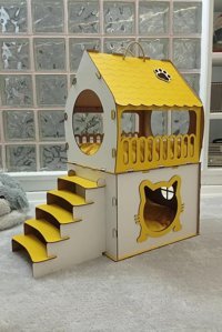 Mabel Dikdörtgen 2 Katlı İç Mekan Kedi Evi Beyaz-Sarı