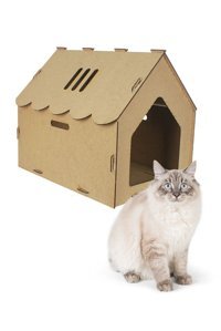 Starlightning Çatılı Çizgili Kare İç Mekan Kedi Evi Ahşap Rengi