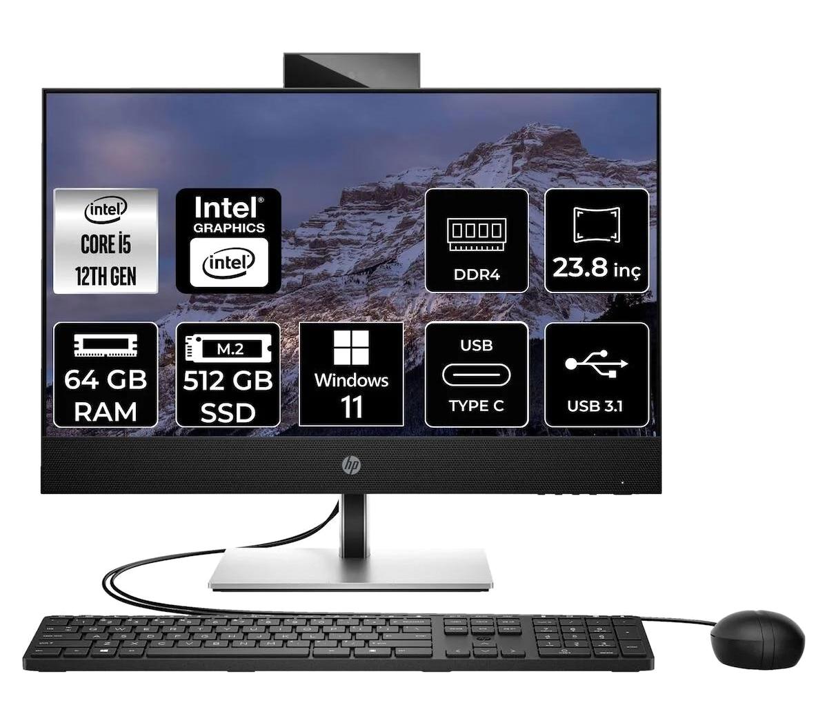 Hp ProOne 440 G9 6D379EA Dahili UHD Graphics Intel Core i5 12400T 64 GB Ram 512 GB SSD 23.8 inç Full HD Windows 11 Pro All In One Bilgisayar
