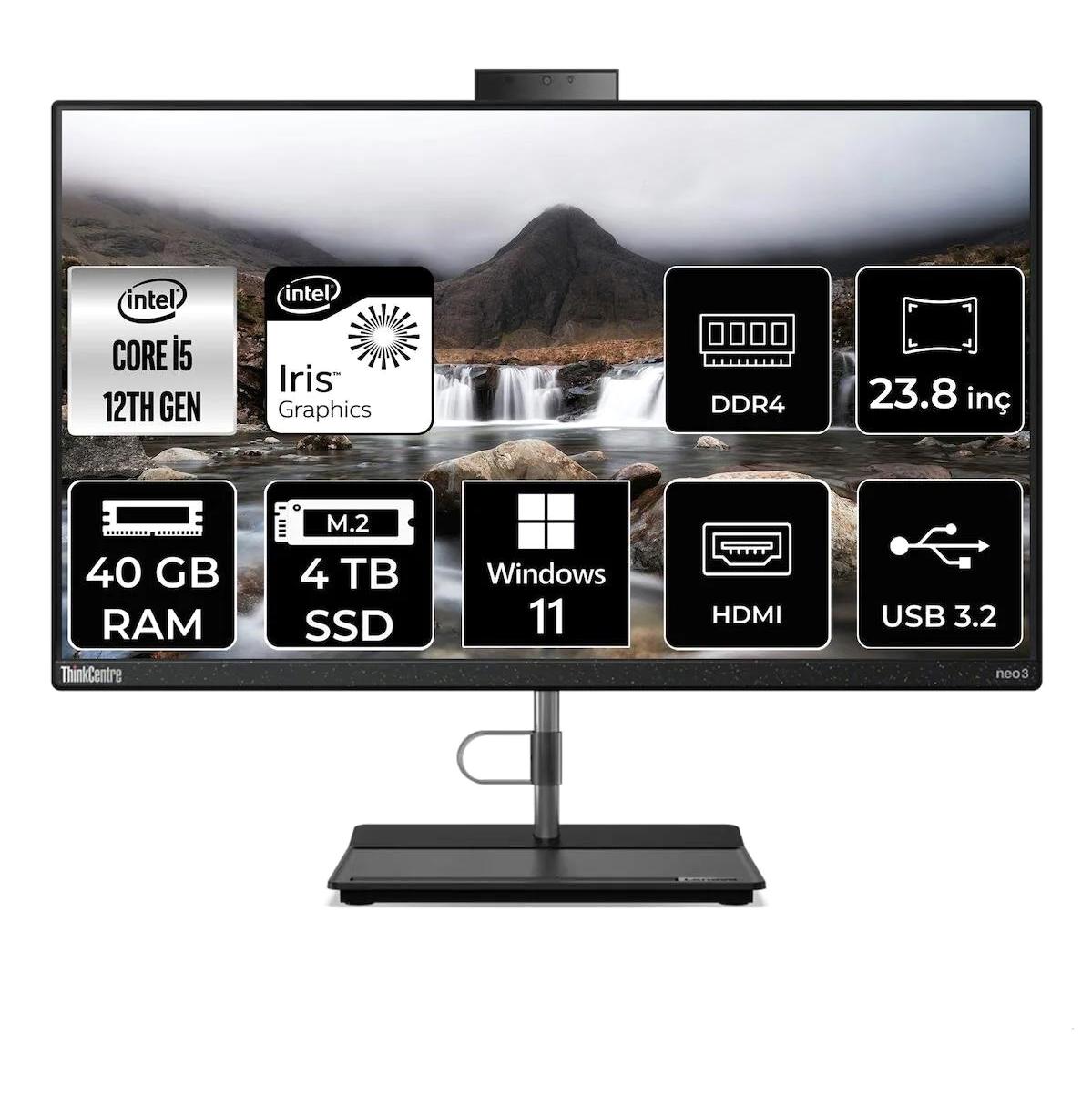 Lenovo ThinkCentre Neo 30A 12B0002CTX Dahili Iris Xe Graphics Intel Core i5 1240P 40 GB Ram 4 TB SSD 23.8 inç Full HD Windows 11 Home All In One Bilgisayar