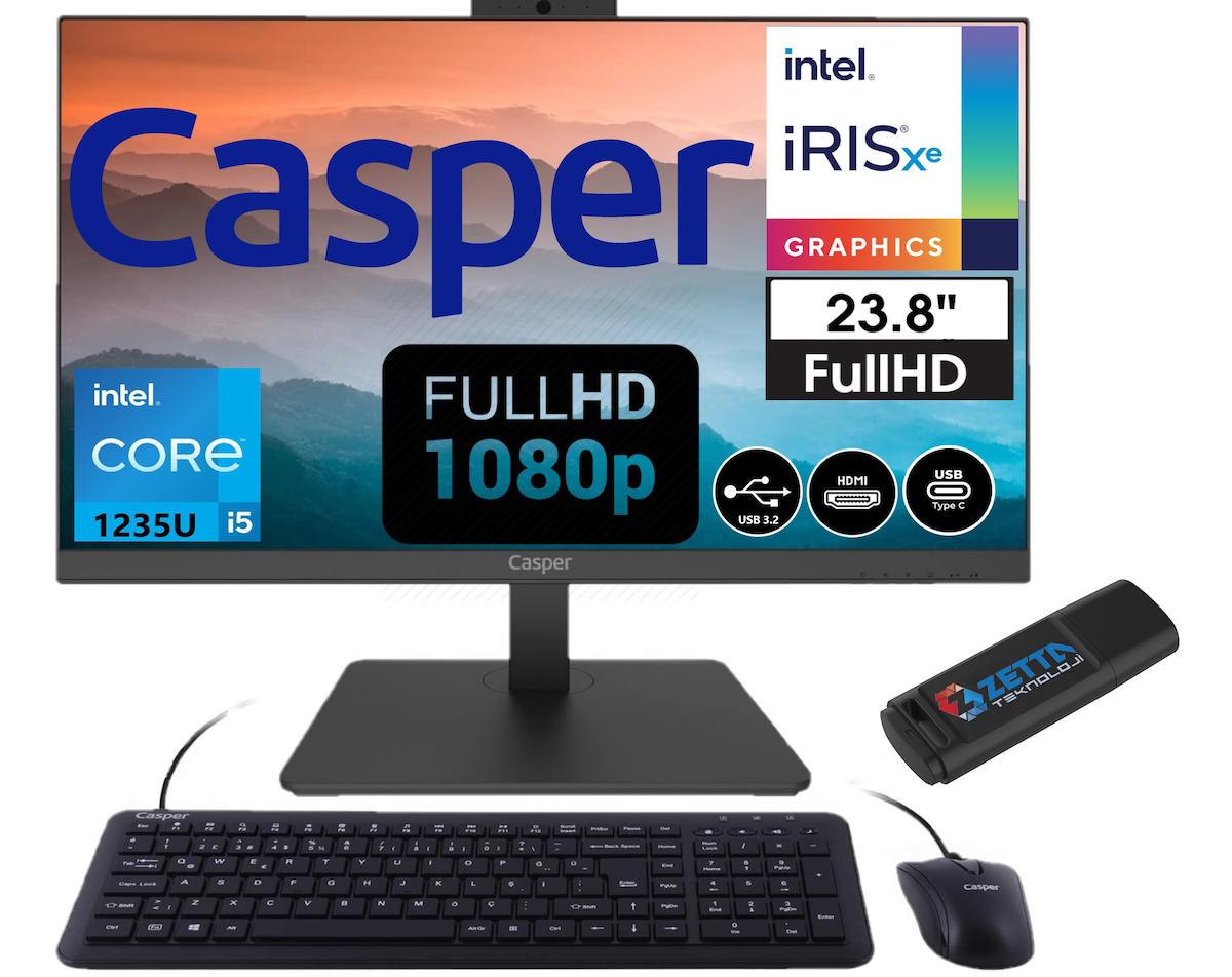 Casper Nirvana A60 12358V00XV35 Dahili Iris Xe Graphics Intel Core i5 1235U 8 GB Ram 1 TB SSD 23.8 inç Full HD Windows 11 Pro All In One Bilgisayar + Zetta Flash Bellek