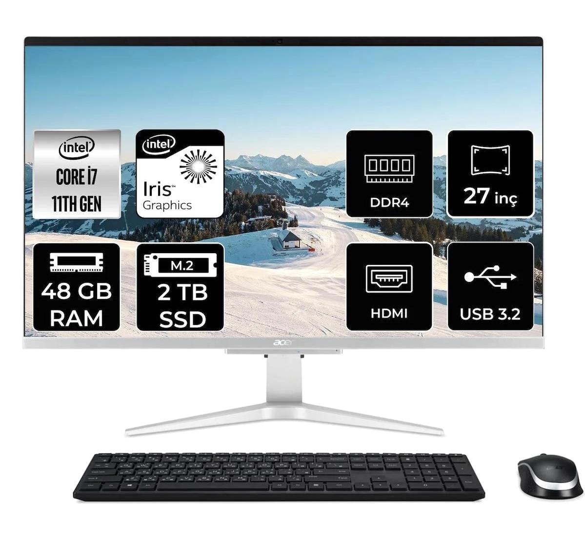 Acer Aspire C27-1655 DQ.BHLEM.002 Dahili Iris Xe Graphics Intel Core i7 1165G7 48 GB Ram 2 TB SSD 27 inç Full HD Freedos All In One Bilgisayar