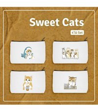 Daystore Sweet Cats Bej Kedi Baskılı Pamuk Orta Boy Seyahat Makyaj Çantası