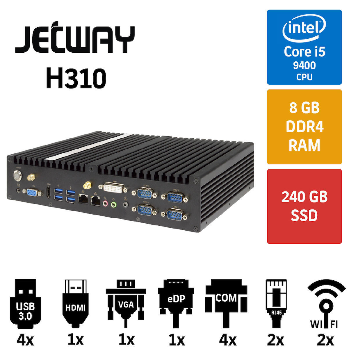 Jetway Endüstriyel Dahili Intel UHD Graphics 630 Intel Core i5 9400 8 GB 240 GB Mini Pc