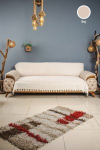 Eren Home Pamuklu Kanvas Püsküllü Süngersiz Armürlü Bej Üçlü Koltuk Örtüsü 170x220 cm