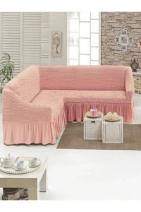 Uytm Polyester Bürümcük-Likralı Drapeli Süngerli Çizgili Giydirmeli Pembe Tekli Koltuk Örtüsü 180x350 cm