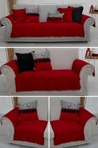 Aisha's Design KTK-9 Polyester Örgü Pileli Süngersiz Düz Kırmızı Üçlü Koltuk Örtüsü 34x48 cm