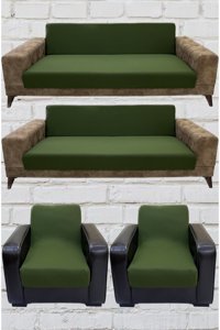 Şahane Ev Mikro Polyester Likralı Jakarlı Süngersiz Düz Giydirmeli Lastikli Haki Üçlü Koltuk Örtüsü 55x8 cm