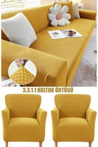 Uzhanem Pamuklu - Polyester Bürümcük-Likralı Süngerli Armürlü Giydirmeli Sarı Dörtlü Koltuk Örtüsü 180x230 cm