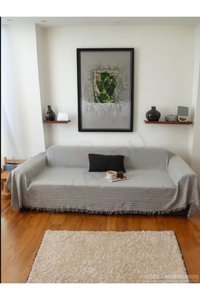 Xamantha Pamuklu Polar Saçaklı Süngersiz Geometrik Desenli Gri Tekli Koltuk Örtüsü 170x301 cm