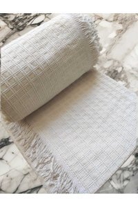 Denizli Hatırası Pamuklu Kanvas Saçaklı Süngersiz Armürlü Bej Üçlü Koltuk Örtüsü 170x220 cm